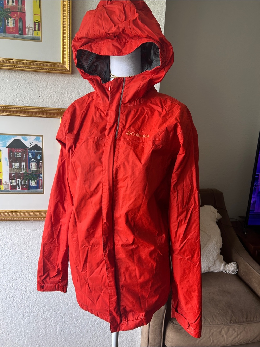 Columbia Omni Tech Technology Red Hooded Rain Jacket